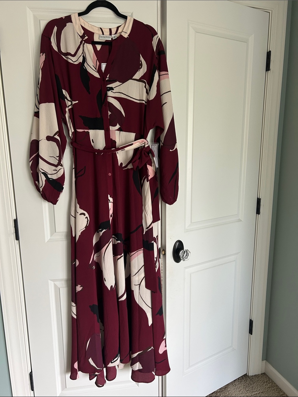 Burgundy Floral Button-Front Maxi Dress with Self-Tie Waist